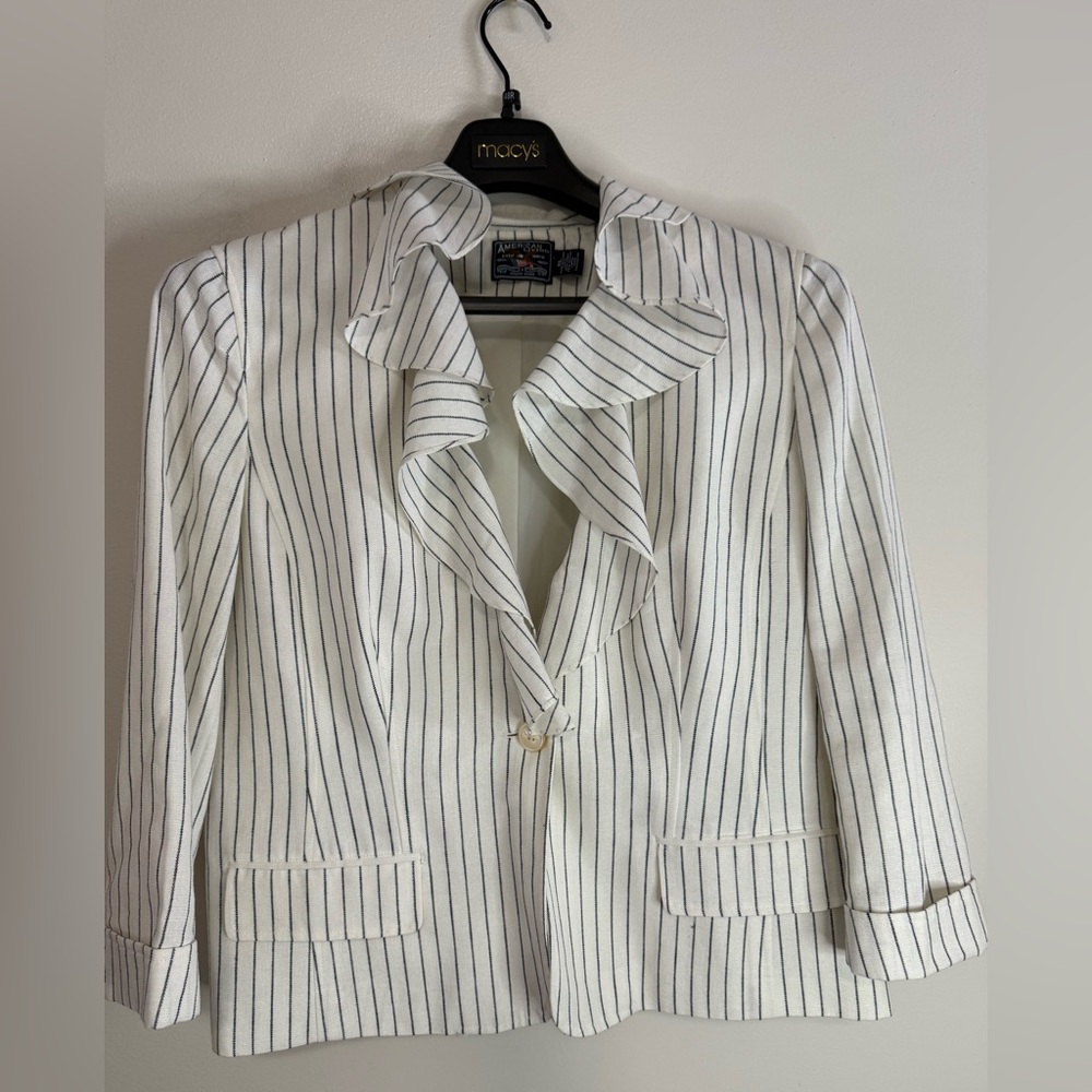 American Living Women's Striped Navy & White Ruffle neckline Blazer size large